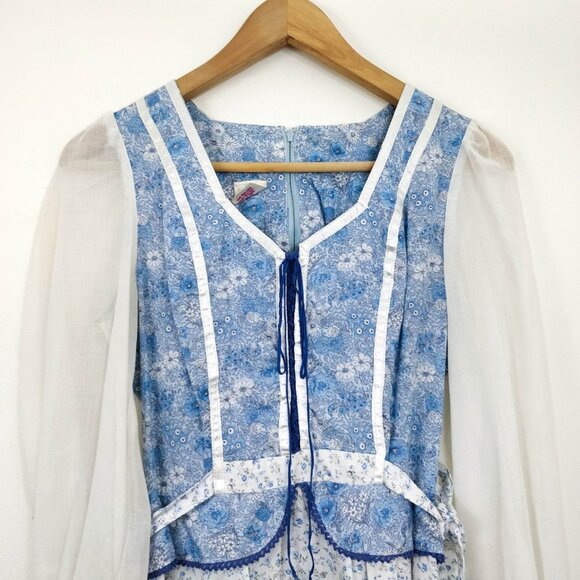 Candi Jones Blue Floral Corset Peplum Peasant Sleeve Midi Dress Small - Picture 2 of 11